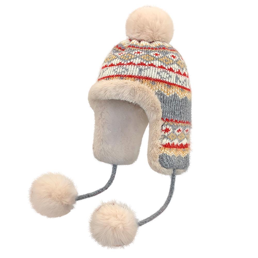 Wool Hat Women's New Winter Jacquard Knitted Hat Warm and Cold Ear Protection Hairball