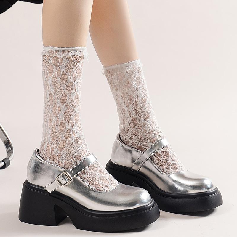 Fashion Thick Soled Mary Jane Women Shoes Fashion 6cm Chunky Heeled College Style Leather Shoes for Women Sliver Black Pumps Size 35-42