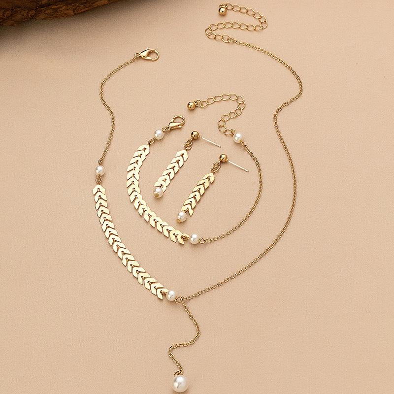 Simple Wheat Ear Pearl Bracelet Necklace Earrings Jewelry Set For Women Temperament Lucky Gold Color Bracelet Charm Jewelry