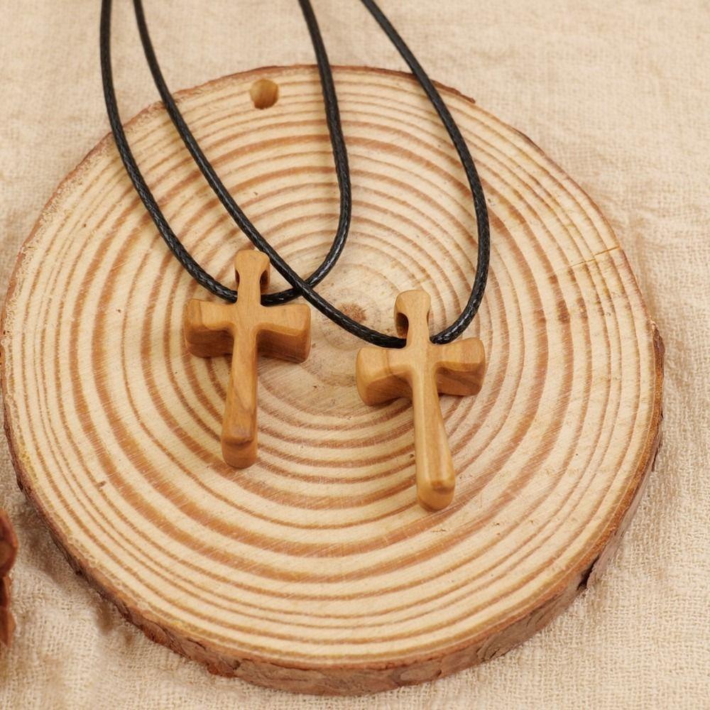 Leather Rope Cross Necklaces Hand-carved Neckchain for Prayer Funny Cross Pendant Anniversary