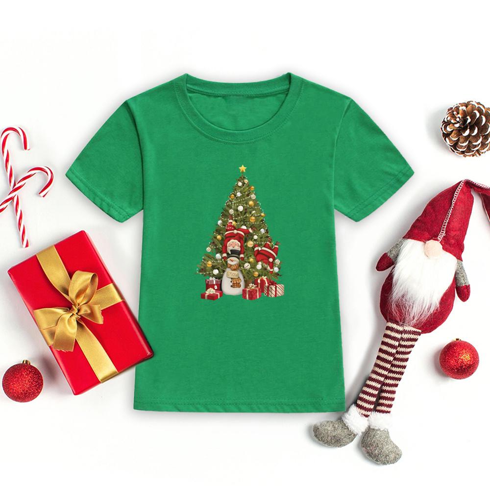 Christmas Tree and Santa Claus Printed Kids T-shirt Christmas Toddler Round Neck Tops Xmas Holiday Short Sleeve Tee Outfits