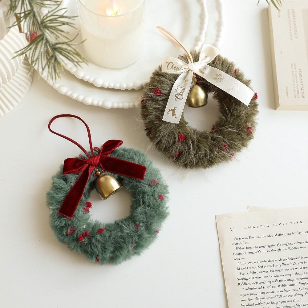 Soft Plush Christmas Wreath Ribbon Bow Bell Accents Christmas Plush Wreath Bowknot Mini Ornament Xmas Tree Wreath Holiday Home