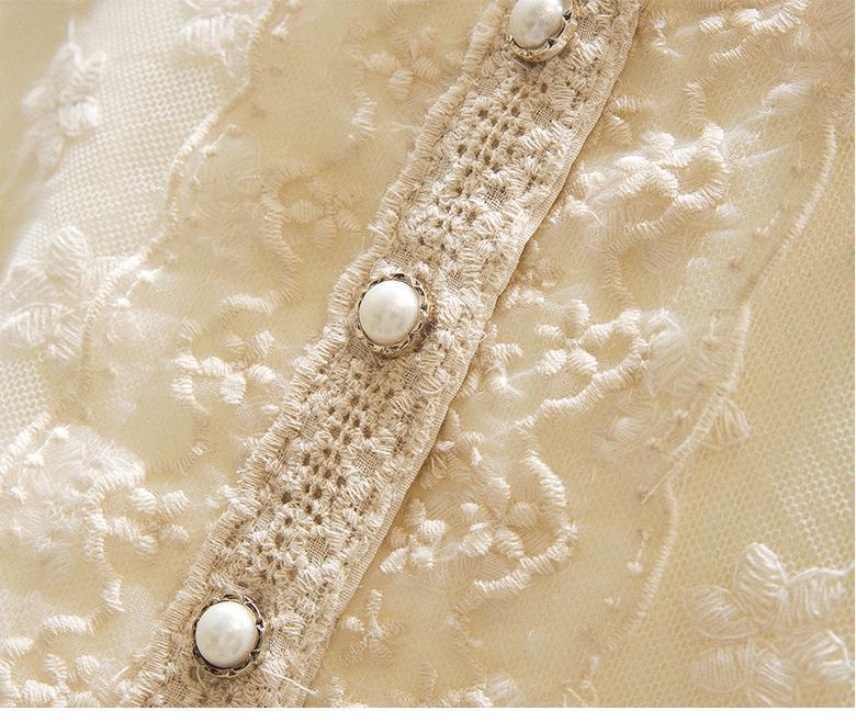Women's Fleece-Lined Lace Top with Stand-Up Collar - Autumn/Winter Embroidered Mesh Long Sleeve Slim Fit Shirt