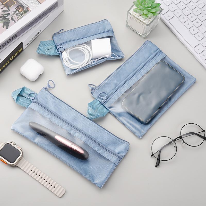 Bolsa de Armazenamento Transparente Simples Portátil de Viagem Impermeável com Zíper de Camada Dupla para Artigos de Higiene Pessoal, Cabos de Dados, Cartões, Joias, Maquiagem