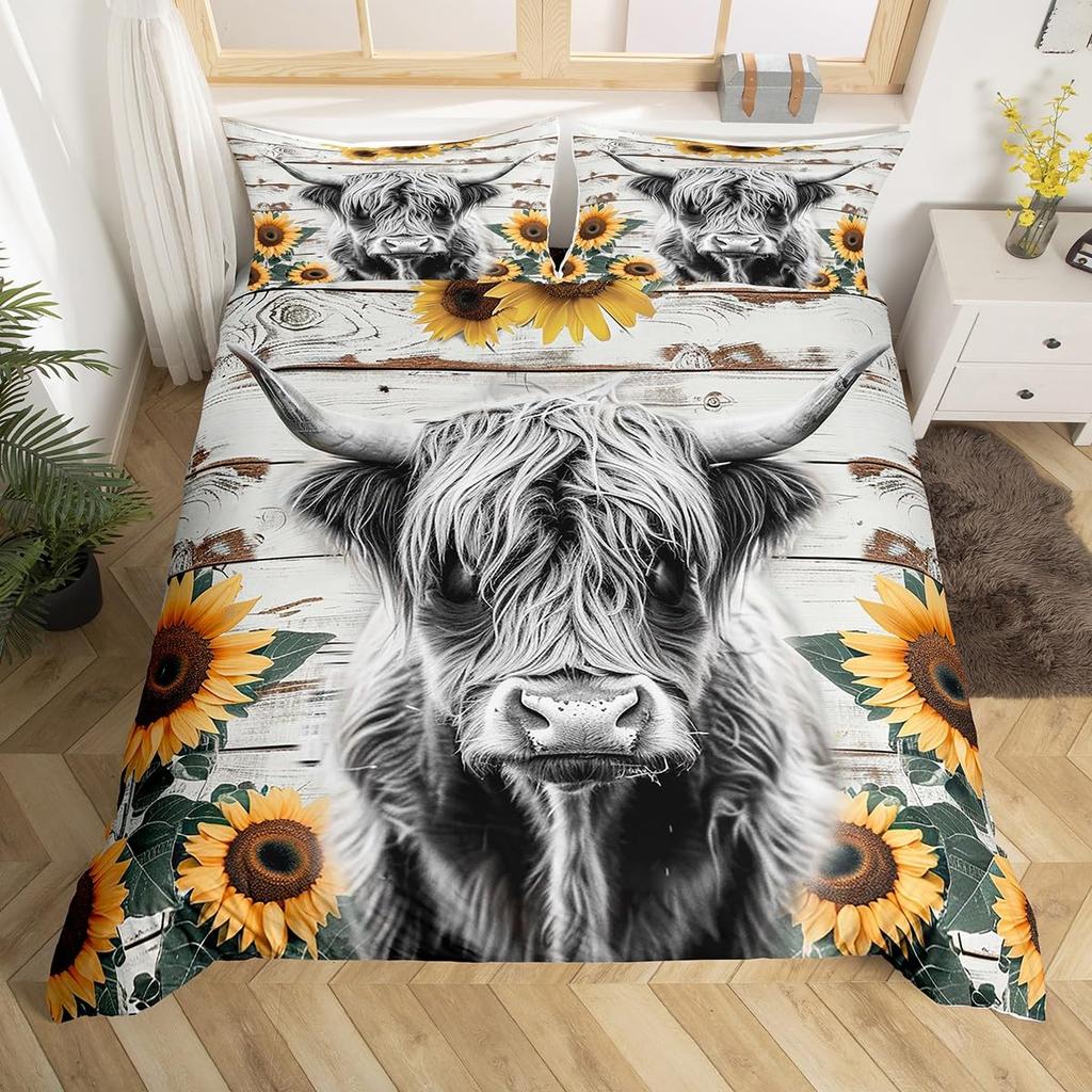 Highland Cow Comforter Cover Queen Size Farmhouse Animal Milk Bedding Set Funny Cute Cow Duvet Cover Wildlife Animal Quilt Cover