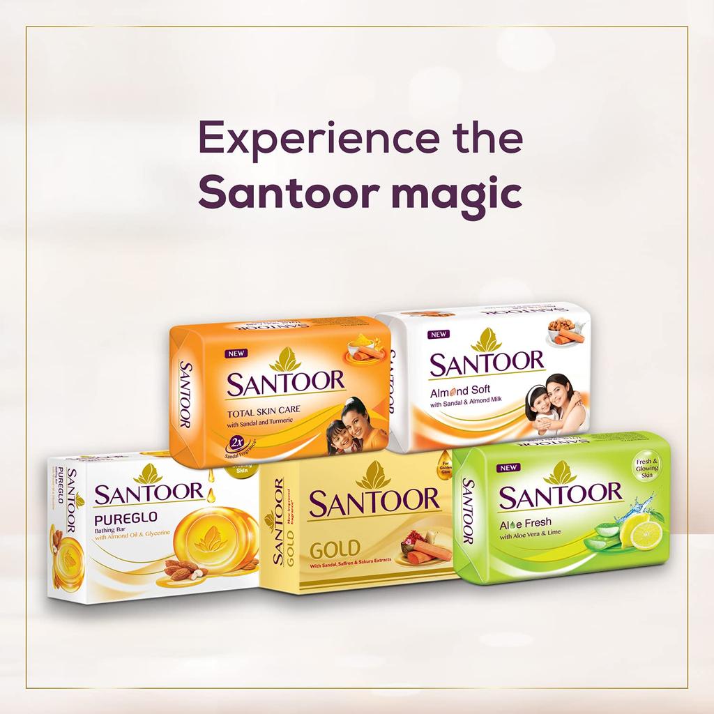 Santoor Sandal and Almond Milk Soap Pack of 2 Deep Moisturizing Bath Bars for Bright and Glowing Youthful Skin