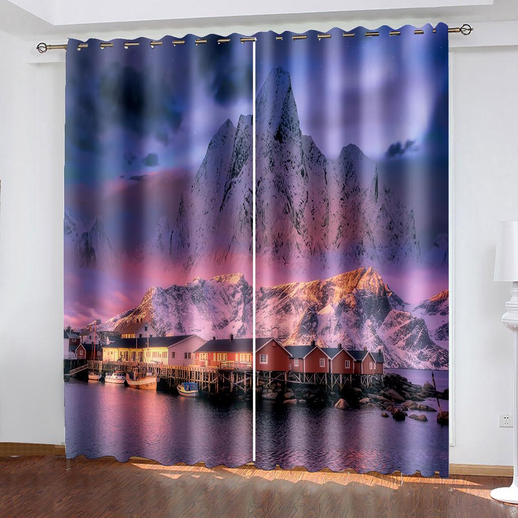 Evening Sea Island Iceberg City Landscape Curtain, Home Bedroom Living Room Shade Curtain, a Set of Two Pieces