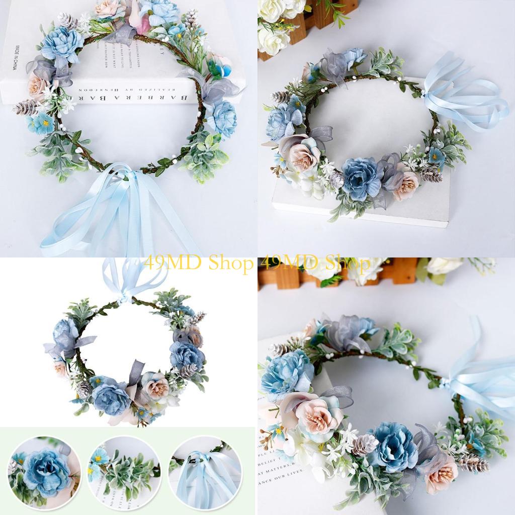 

49MD Spring Bohemian Blue Flower Crowns Beach Floral Eucalyptus Leaves Garland Romantic Wedding Party Wreath Headpiece China Mainland