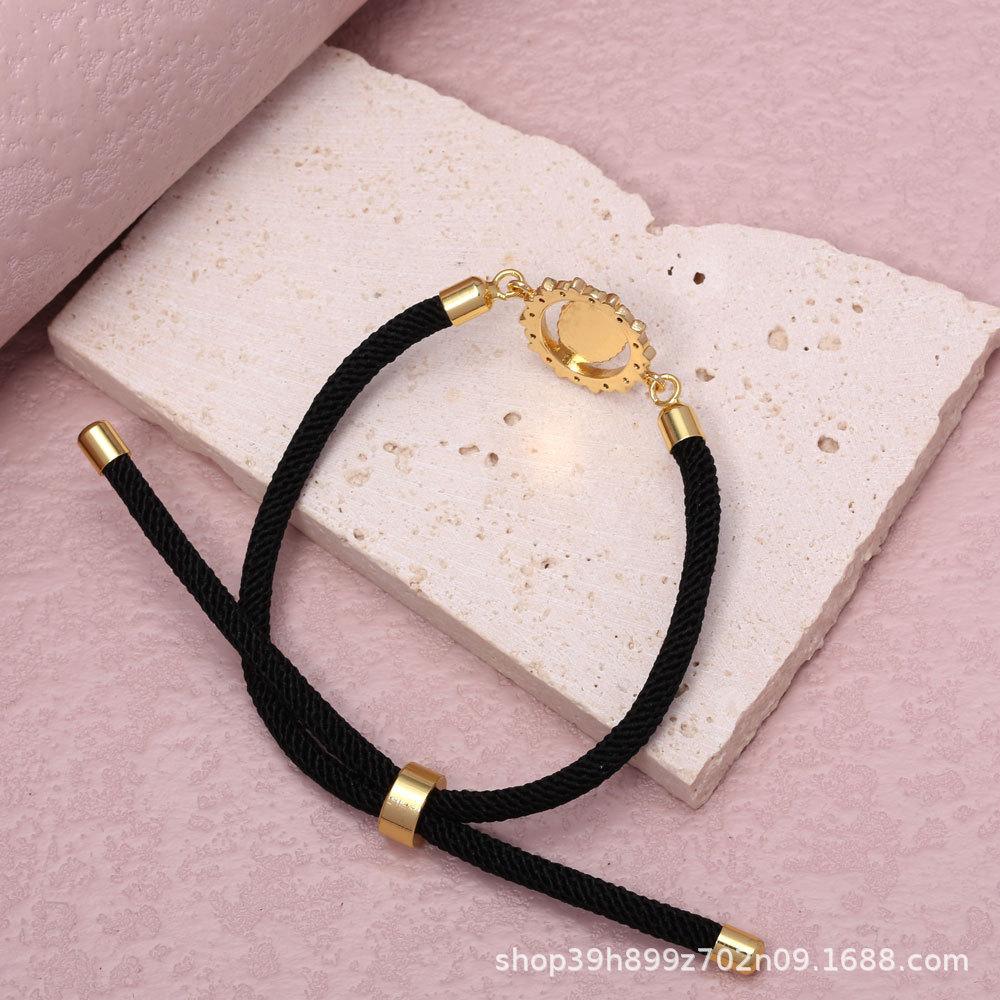 Micro-Paved Colored Zircon Madonna Bracelet with Gold-Plated Copper, Adjustable Cotton Cord.