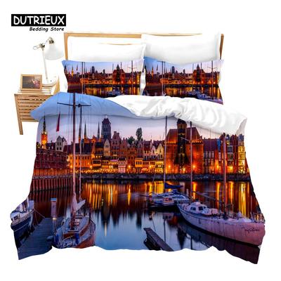 Set Copripiumino Romantico Città Europea Set Copripiumino Paesaggio Notturno Copripiumino Torre Copripiumino Nave Matrimoniale King Size