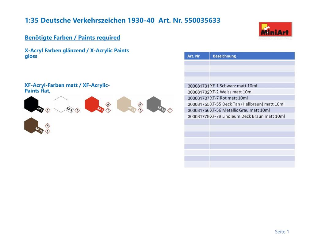 MiniArt German Traffic Sign Set Plastic Model MA35633 1/35 1930-1940