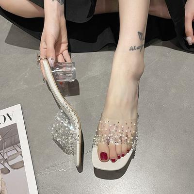Slippers Female Transparent Semi-drag Summer 2025 New Crystal Thick Heel Outer Wear High Heels Open-toed Rhinestone One-word Drag