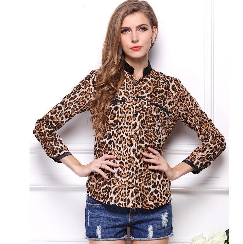 

New Women Wonderful Leopard Print Long Sleeve Chiffon Shirt Slim Blouses Casual 4XL（Tag 4XL=US 2XL）