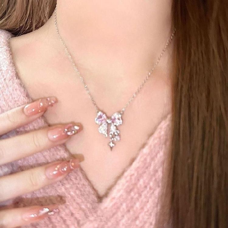Delicate Pink Bowknot Pendant Necklace Zinc Alloy Texture Chain Necklace for Women Clavicle Birthday Party Anniversary