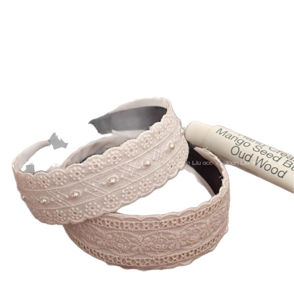 Korean Version of Flower Beige Lace Pearl Wide Edge Headband Girl Goes Out To Wash Her Face and Press Hair Accessories