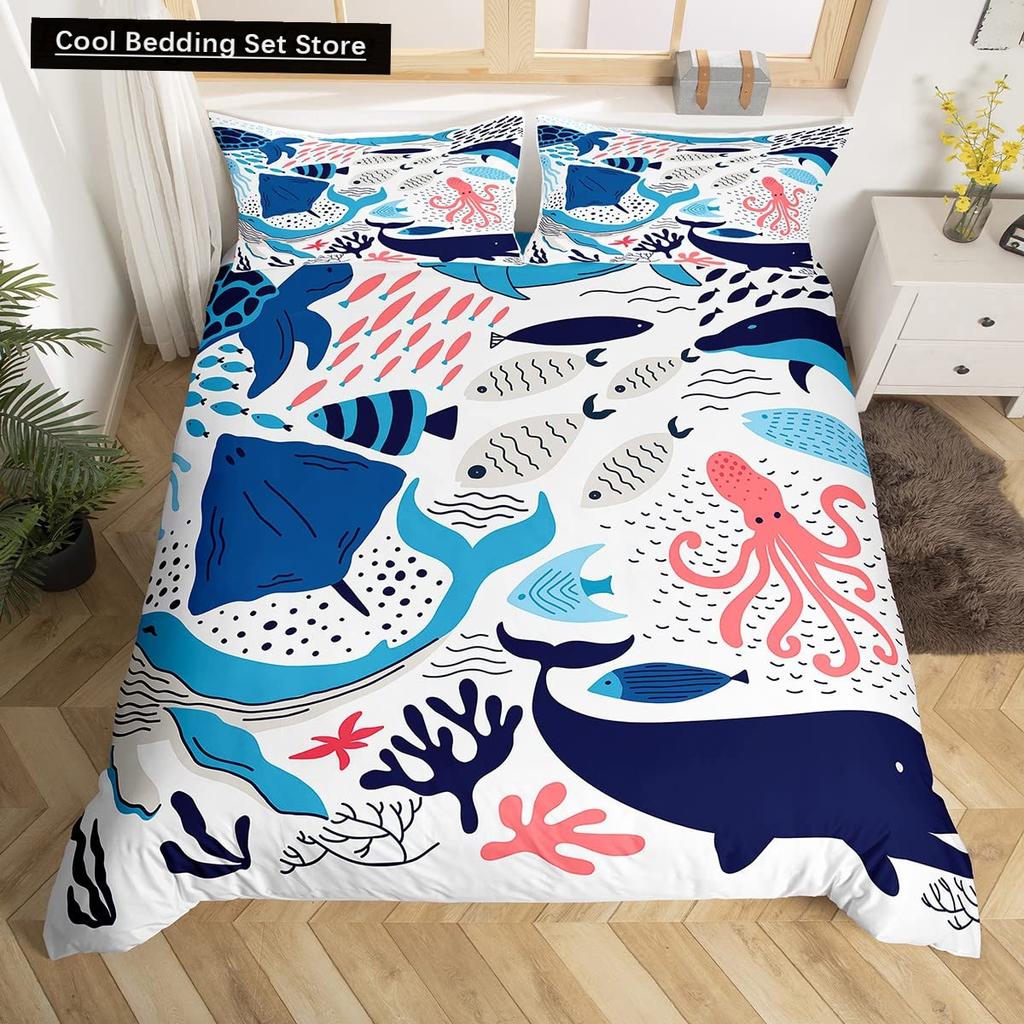 Whales King Queen Duvet Cover Ocean Animal Bedding Set Seaweed Starfish Marine Life Quilt Cover Blue Polyester Comforter Cover