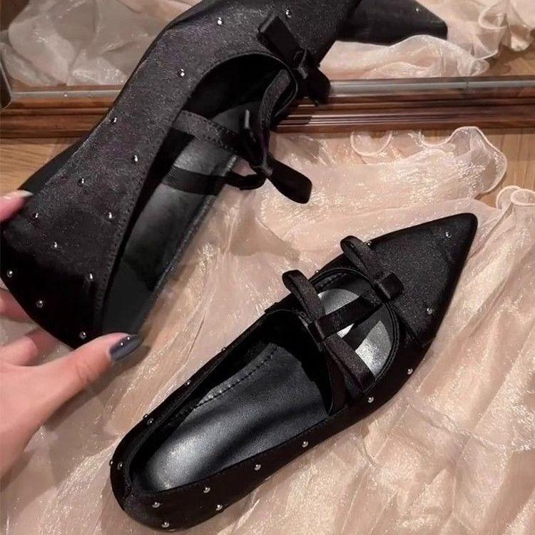 Vielseitige Mary Jane Damenschuhe mit flachem Ausschnitt im Feenstil mit Schleife, Herbst 2025, Höhe erhöhend, spitz, Strass, weiches Leder, dicker Absatz, Einzelne Schuhe