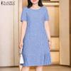 Women Plaid Print Casual Round Neck Short Sleeve Dress
