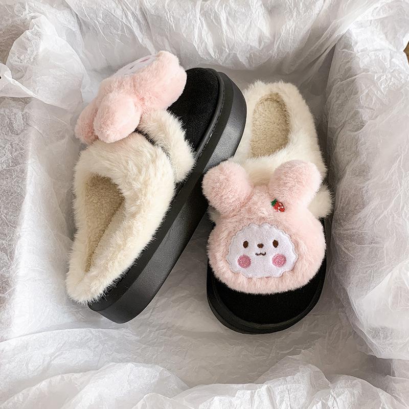 Women's Cute Cartoon Plush Slippers - Warm Thermal Platform Cotton House Slippers for Winter, Girly Sweet Thick Sole Fuzzy Casual Indoor Shoes