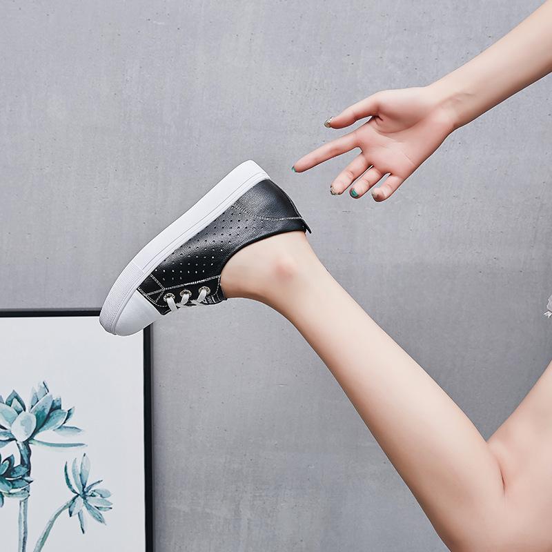 Shallow Mouth White Shoes Women's 2025 Spring and Summer Thin Breathable Lace-up Thick Sole Heightening Leather Surface Low-top Casual Board Shoes