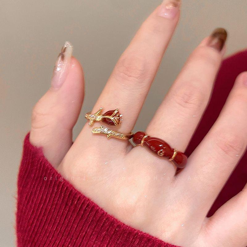 2024 New Style Wine Red Rose Zircon Whitening Index Finger Ring – Elegant, Adjustable, Stackable for Girls