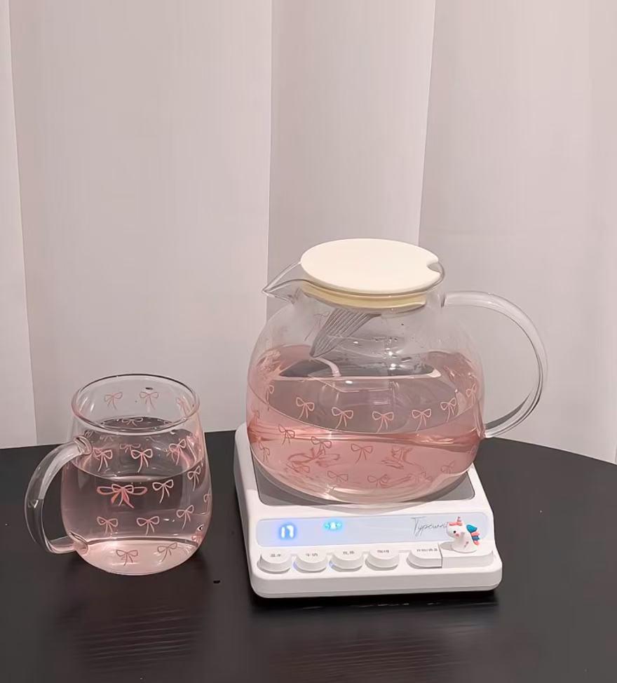 Sweet Bow Heat-Resistant Glass Tea Kettle and Cup Set - Large Capacity