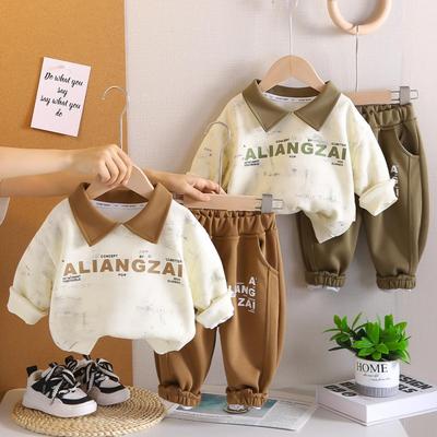 Jungen Zweiteiler mit langen Ärmeln - Kragen Kapuzenpullover mit englischem Aufdruck + lange Hose - Hochwertige Kleidung -6 Monate -5 Jahre alt