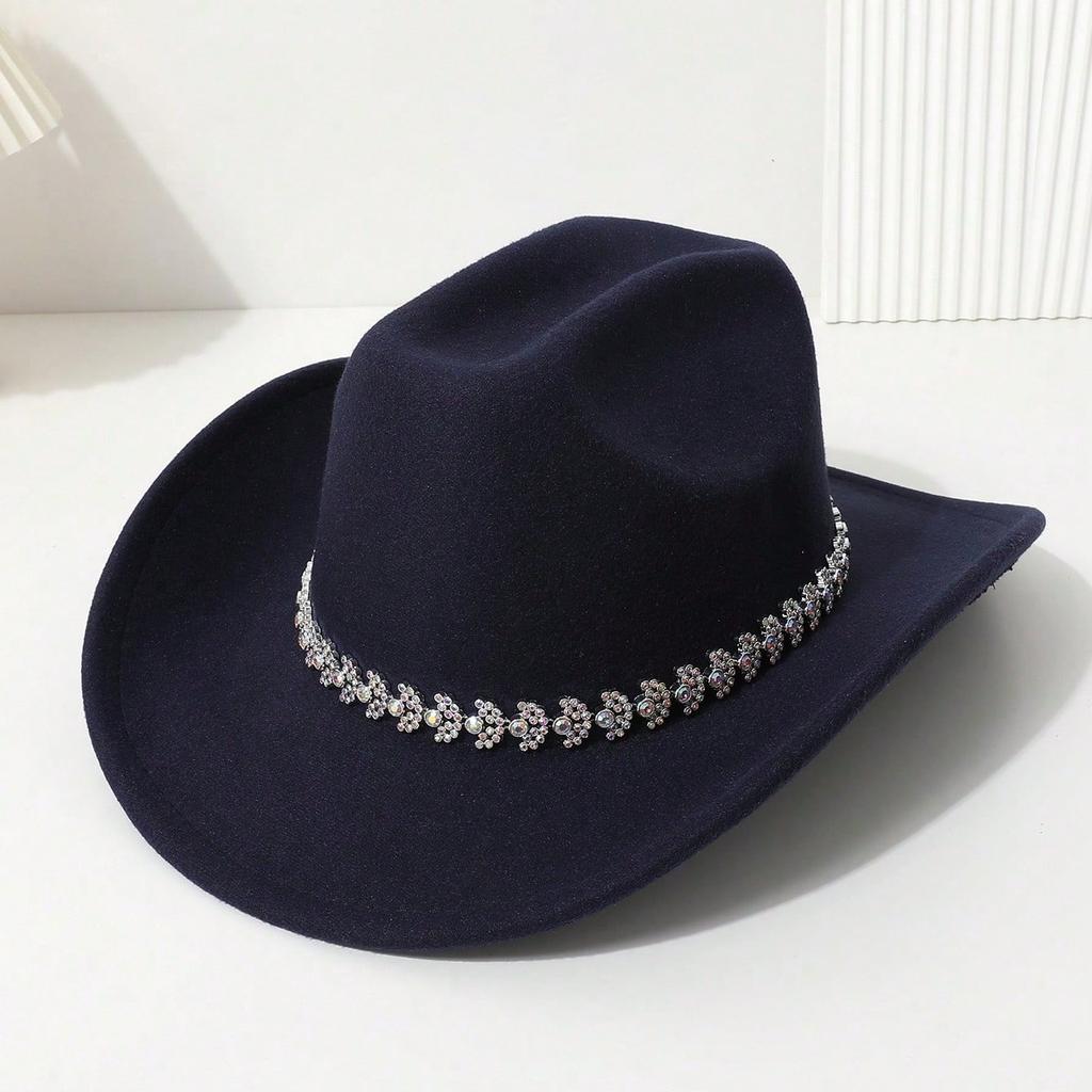Western cowboy hat color three-dimensional hollow bright diamond handmade casual felt hat travel party festival party jazz hat