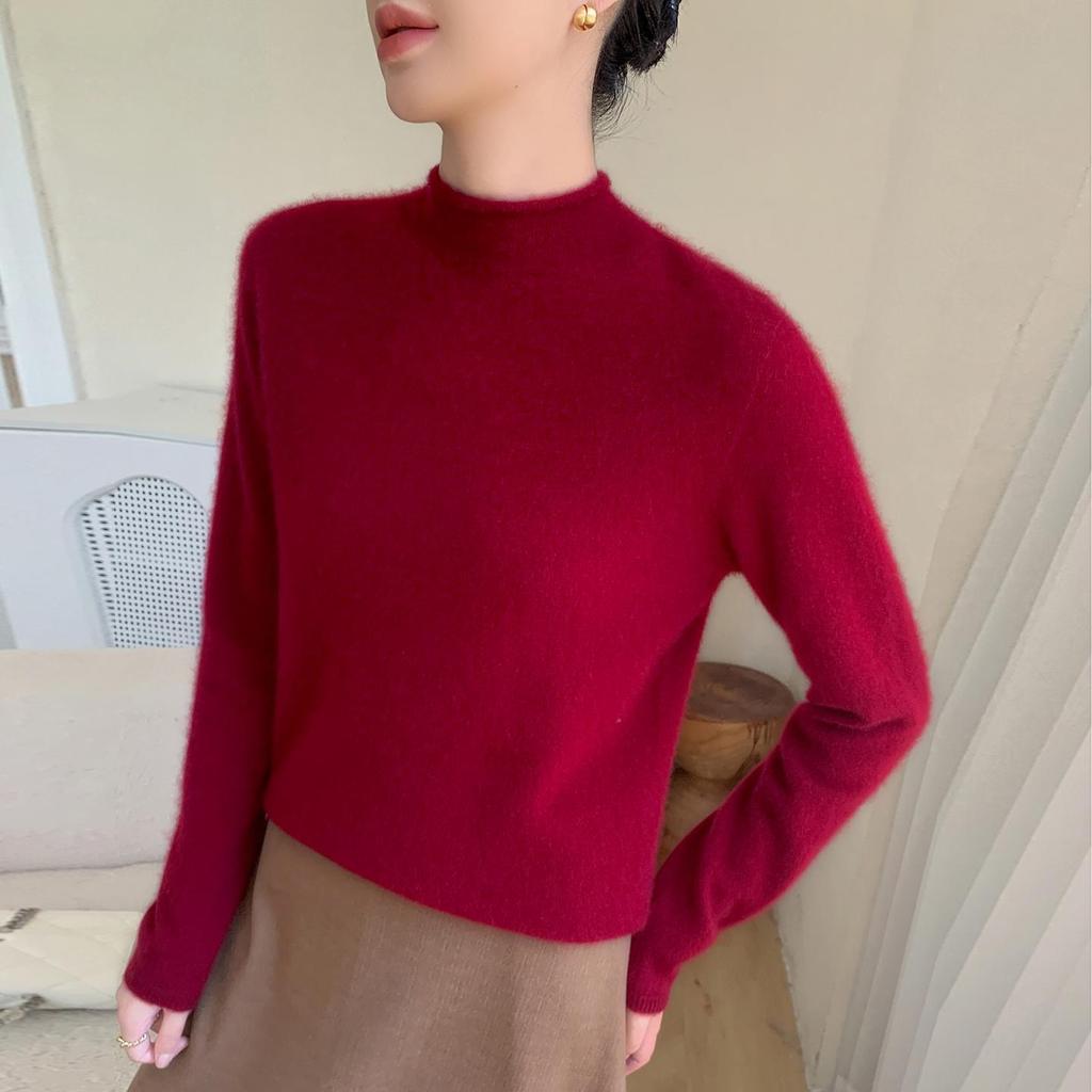 Rolled-Edge Half-High Collar Cashmere Knit Seamless Sweater: Women's Autumn/Winter Solid White Wool Base Layer