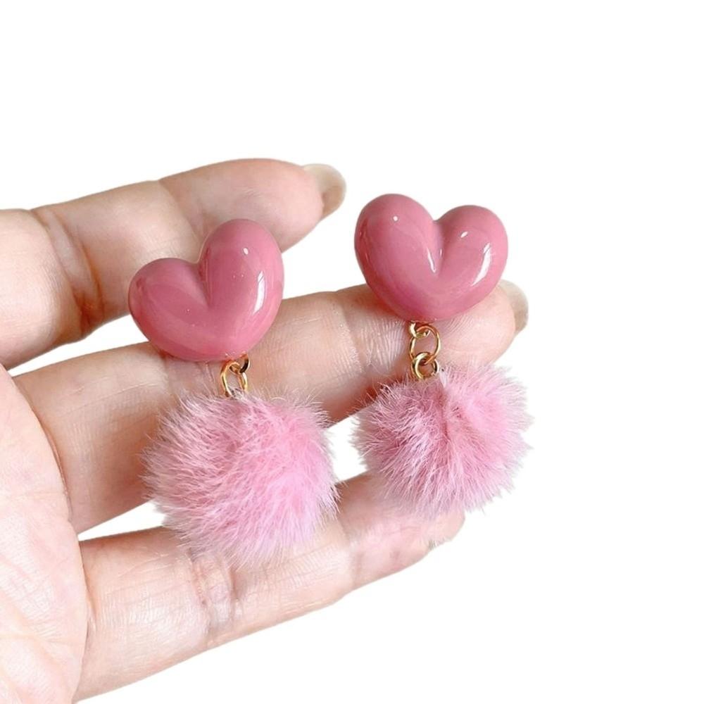 Sweet Plush Ball Earring Ear Stud Valentine's Day Earring Heart Shaped Earrings Wedding