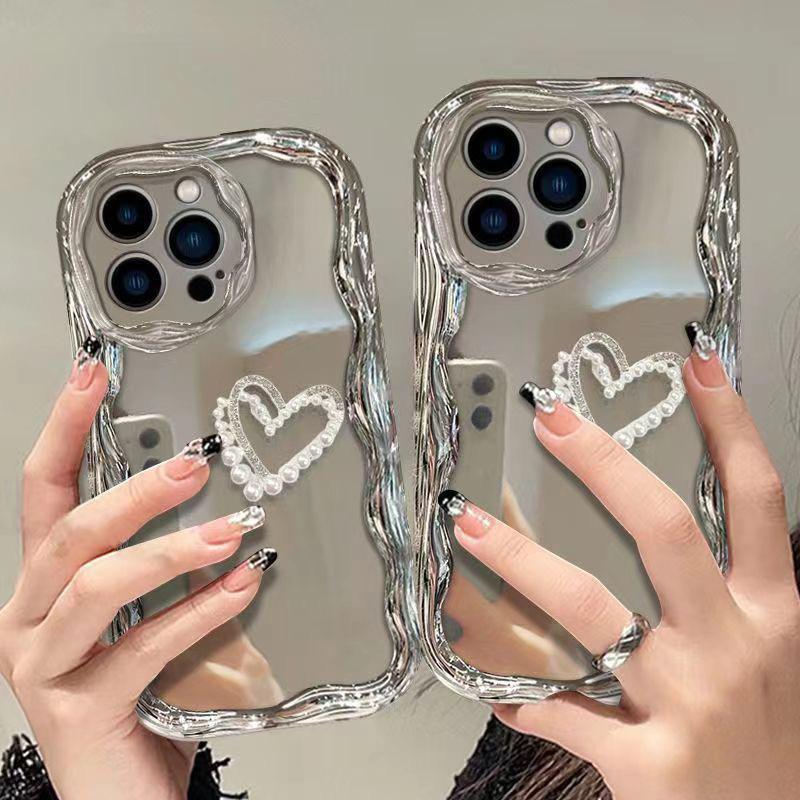 Plated Mirror 16 Phone Case for Apple 17 Promax Pearl Heart for IPhone 14 Silicone All Inclusive Anti Drop