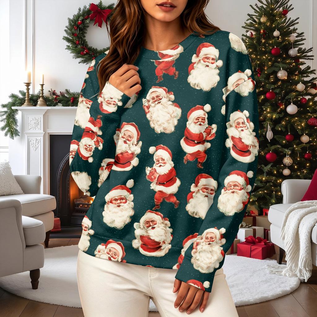 Women's Casual Long Sleeve Christmas Print Neck Pullover Sweatshirt
