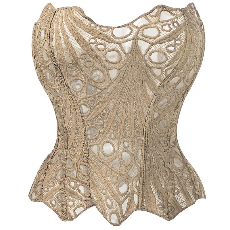European & American Lace Corset: Hollow-Out Fishbone Bustier Top with French Print