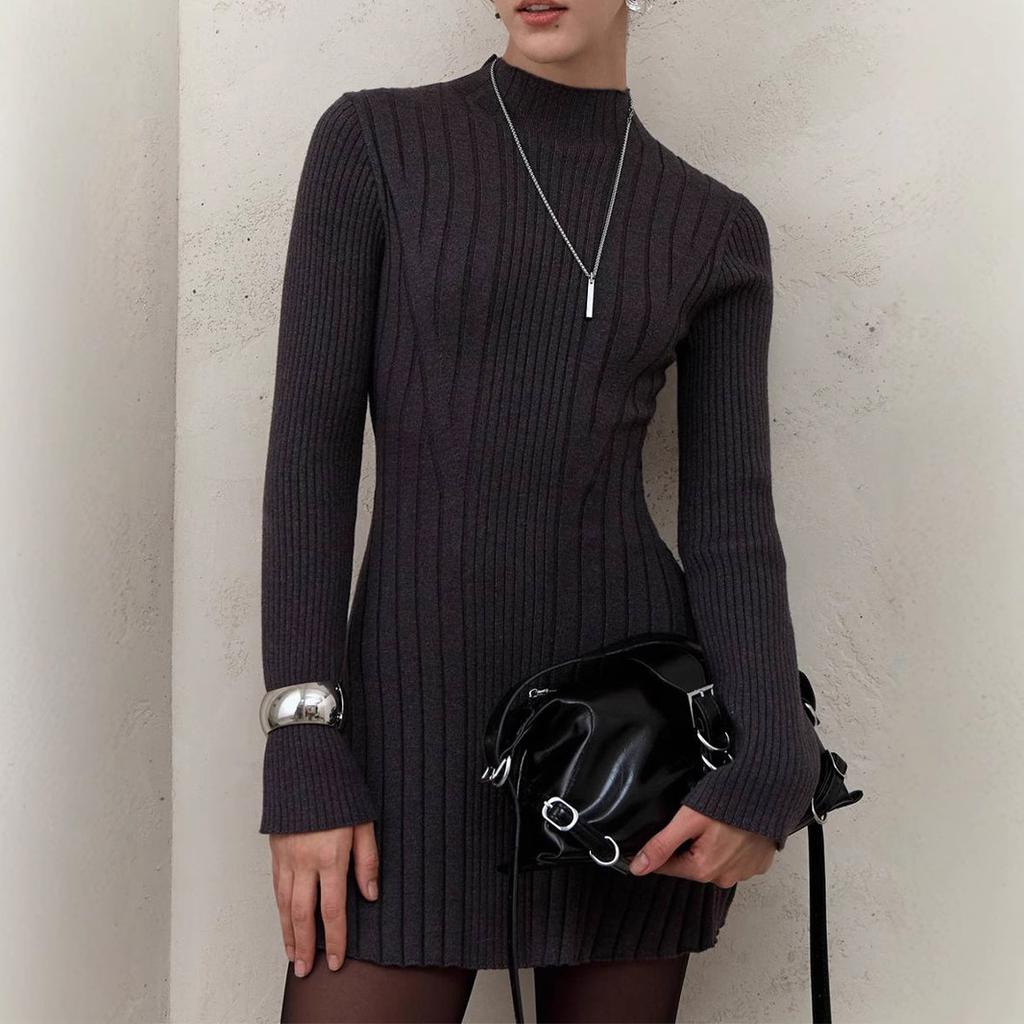Long Sleeved, Semi High Neck, Dress, Knitted Skirt, 2025 Autumn, Temperament, Playful A-line Short Skirt