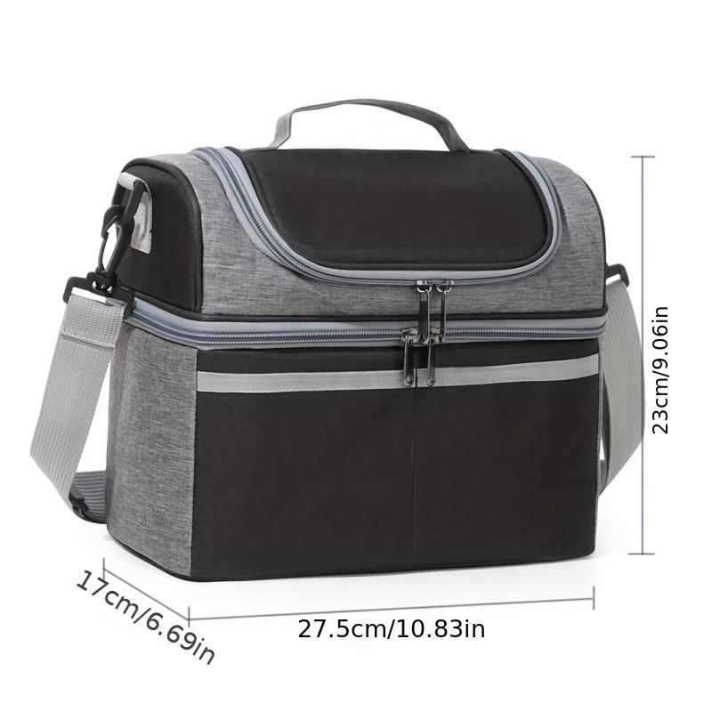 Insulated Double-Layered Lunch Bag Versatile Black & Gray Oxford Fabric, with Shoulder Strap or Carry Handle