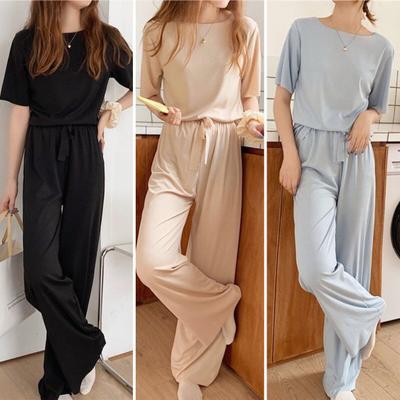 2 Pcs/Set Women Summer Pajamas Ice Silk T-shirt Trousers Set Round Neck Short Sleeves Top Elastic Waist Wide Leg Trousers Casual Daily Wear
