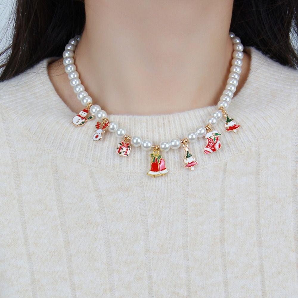 Cartoon Christmas Necklace Dripping Oil Cartoon Pendant Choker Sweet Pearl Chain  Decoration