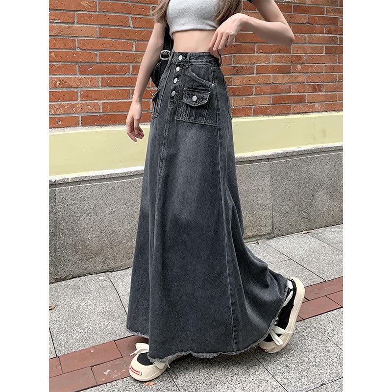 Women's 2024 Vintage High-Waist A-Line Denim Skirt, Raw Edge, Loose Fit, Large Sizes