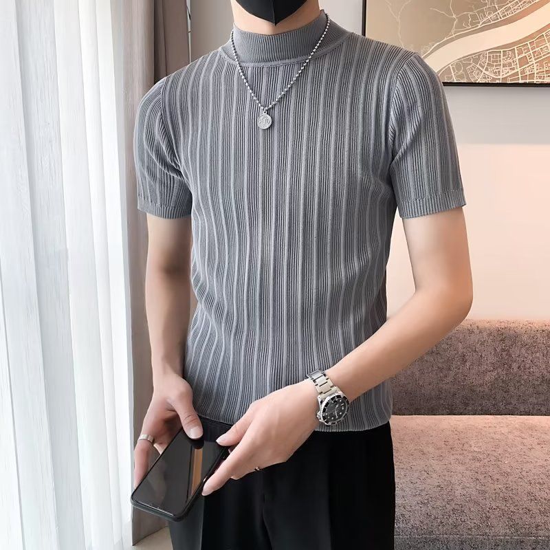 Korean Half High Collar Pullovers Summer Solid Color All-match Men's Clothing Slim Short Sleeve Stylish Casual Knitted T-shirts