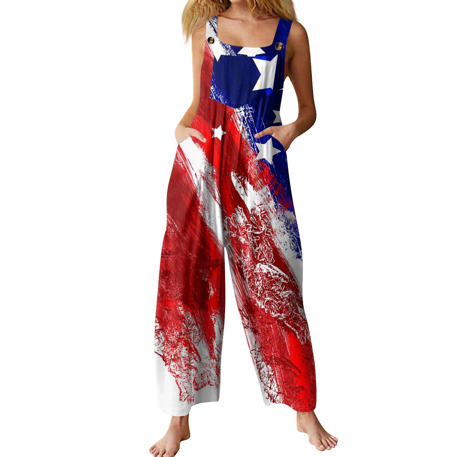 

Womens Casual Overalls Jumpsuits Adjustable Straps Sleeveless Independence Day Print Comfy Rompers With Pocket XXL Кіновар