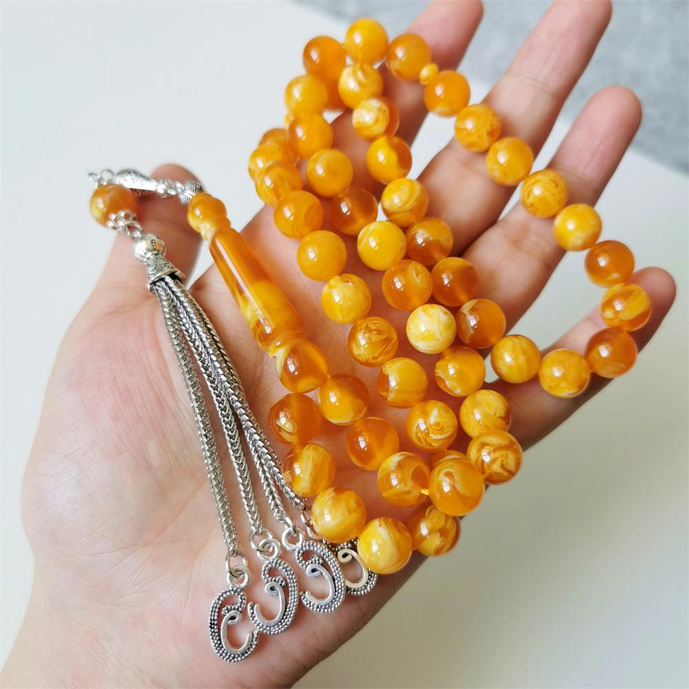 Muslim Rosary Ambers Color 10mm Tasbih Gift Ramadan Silver Metal Tassel Man s Tarbons Misbaha Islamic Tasbeeh 10MM 51beads