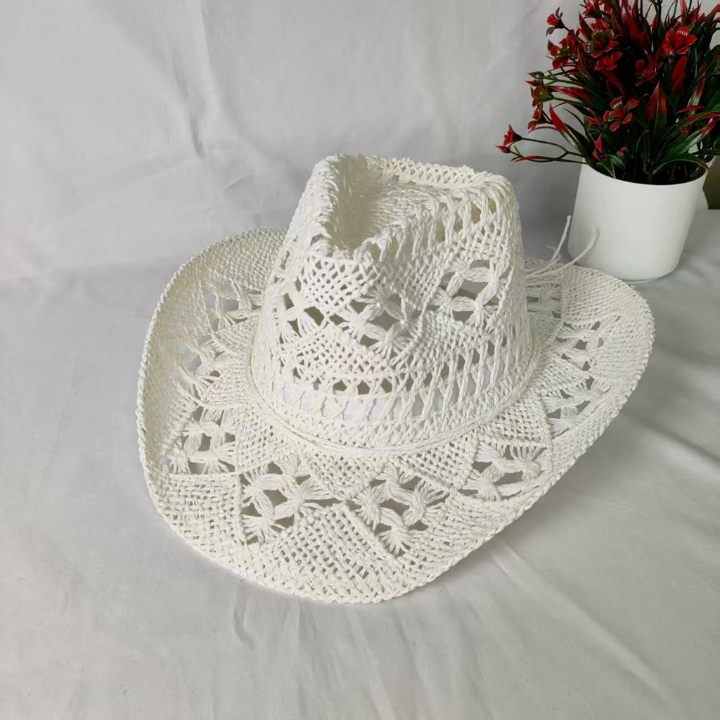 Sommer Sonnenblende Kinder hohl atmungsaktiv Strand handgewebter Strohhut Retro Glockenhut Cowboyhut
