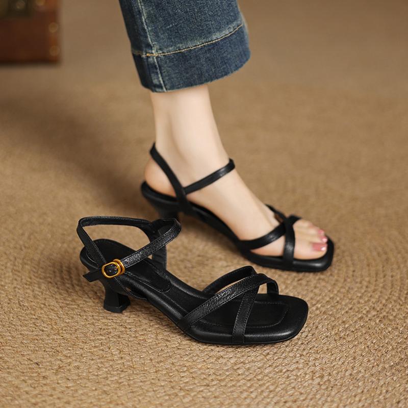 Fashion NEW Summer Women Sandals Genuine Leather Shoes for Women Square Toe Thin Heel Shoe Narrow Band Daily Shoes Open Toe Soft Sandals