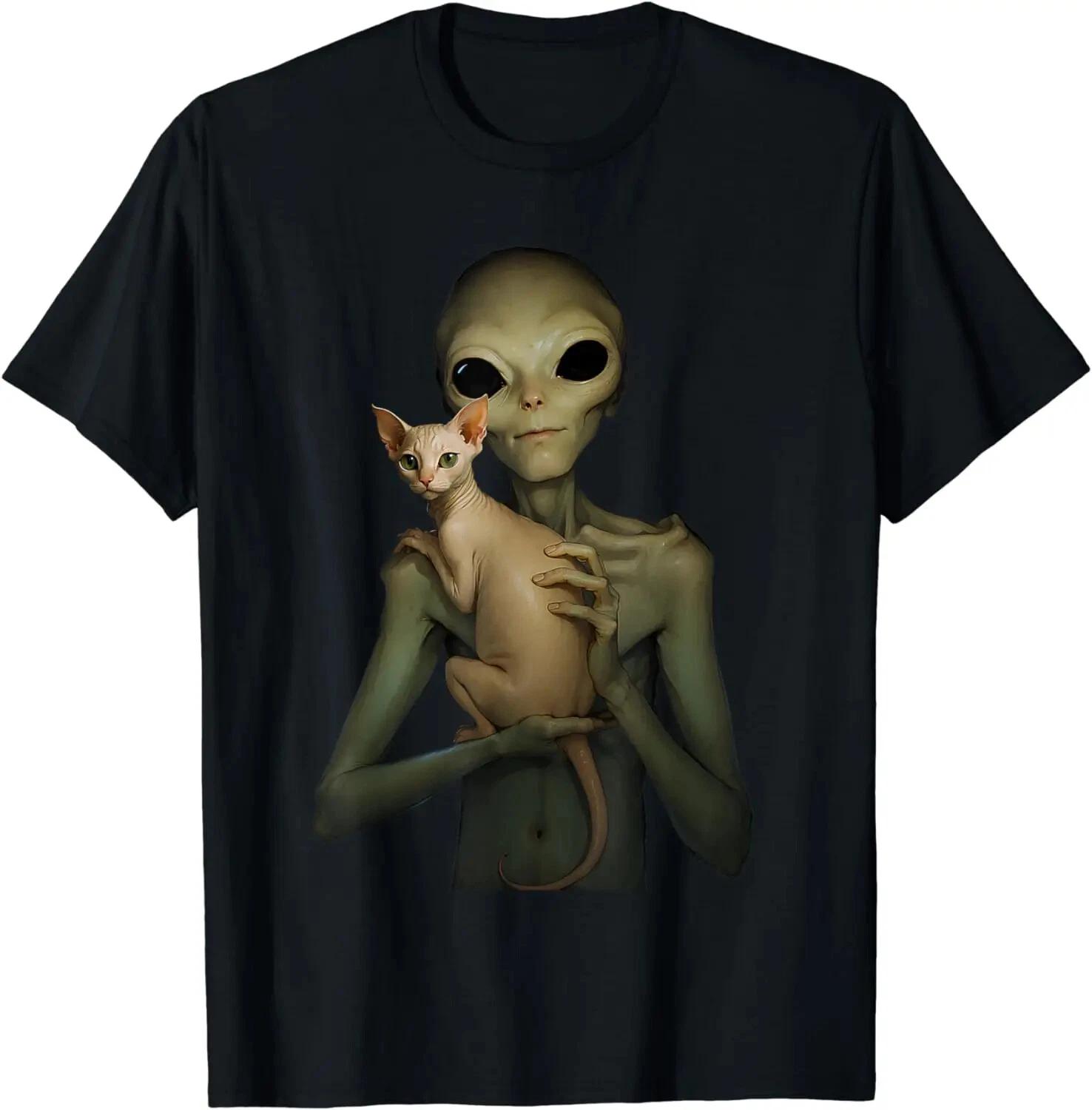 Alien With Sphynx Cat Funny Graphic Tee Unisex Gift T-Shirt S to 5Xl XXXXL