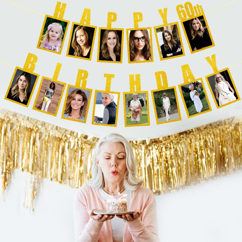 Birthday Golden 60th Photo Commemorate Banner Celebration Event Props Decoration