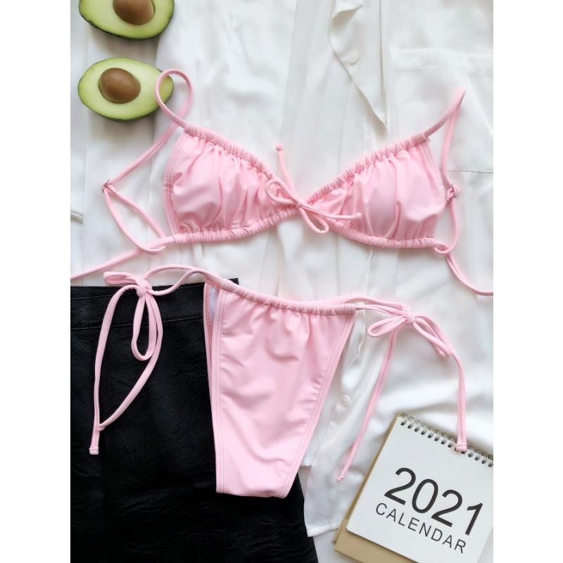Women Sexy Solid Color Ruched Two Piece Bikini Swimsuit
