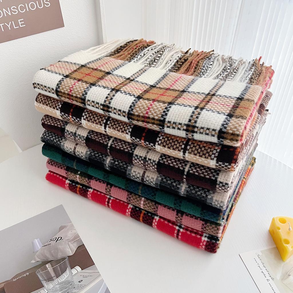 Autumn and Winter New Korean Lines Color Matching Imitation Cashmere Plaid Simple and Versatile Shawl Fringed Warm Scarf Women