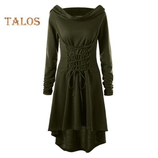Women Cosplay Dress Gothic Solid Color Lace-up Strap Slim Waist Irregular Hem Hooded Long Sleeves Theme Parties Role-Playing Festival Halloween Midi
