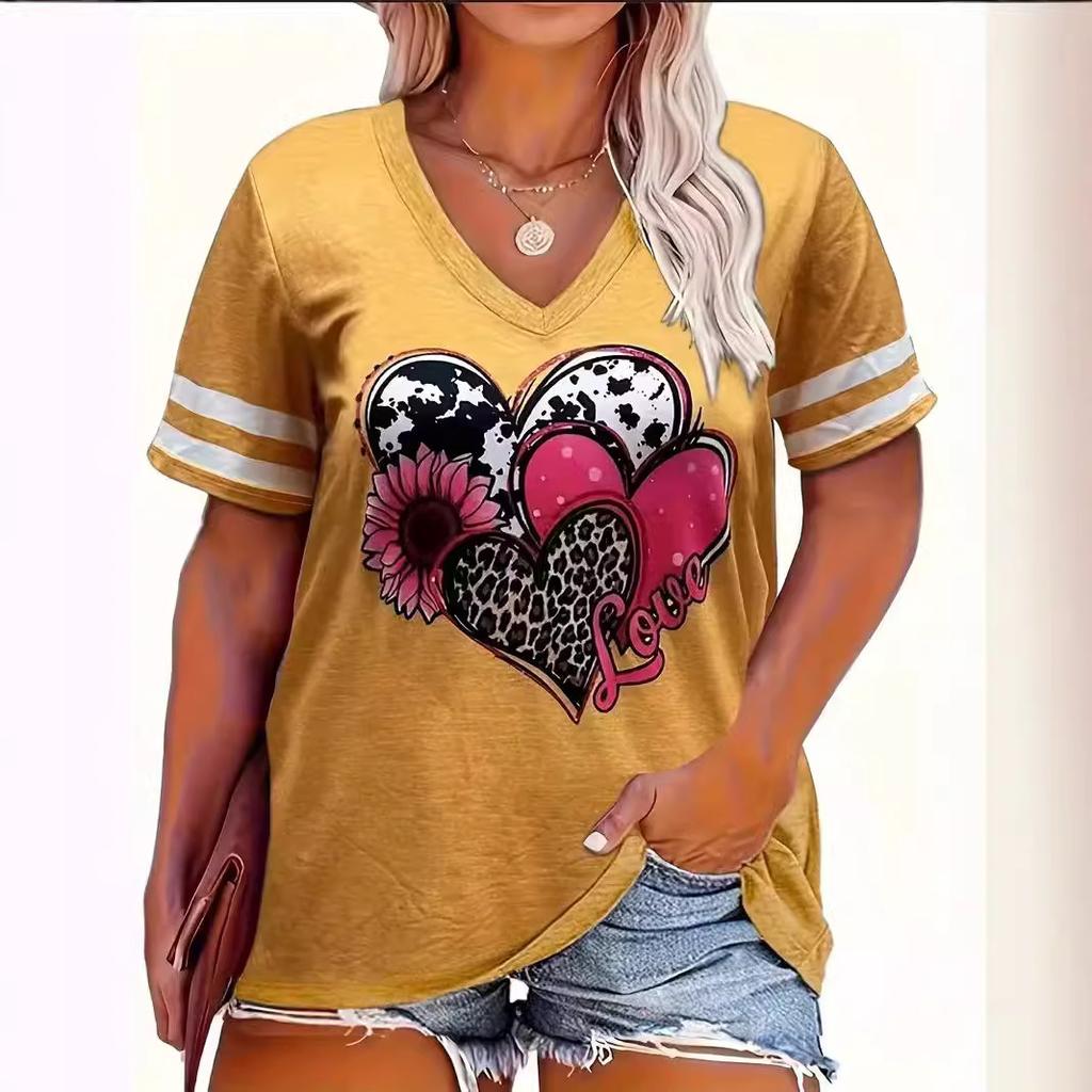 Summer V-neck 3D Love Sunflower Printed Top Fashionable Casual Short Sleeved Women's T-shirts