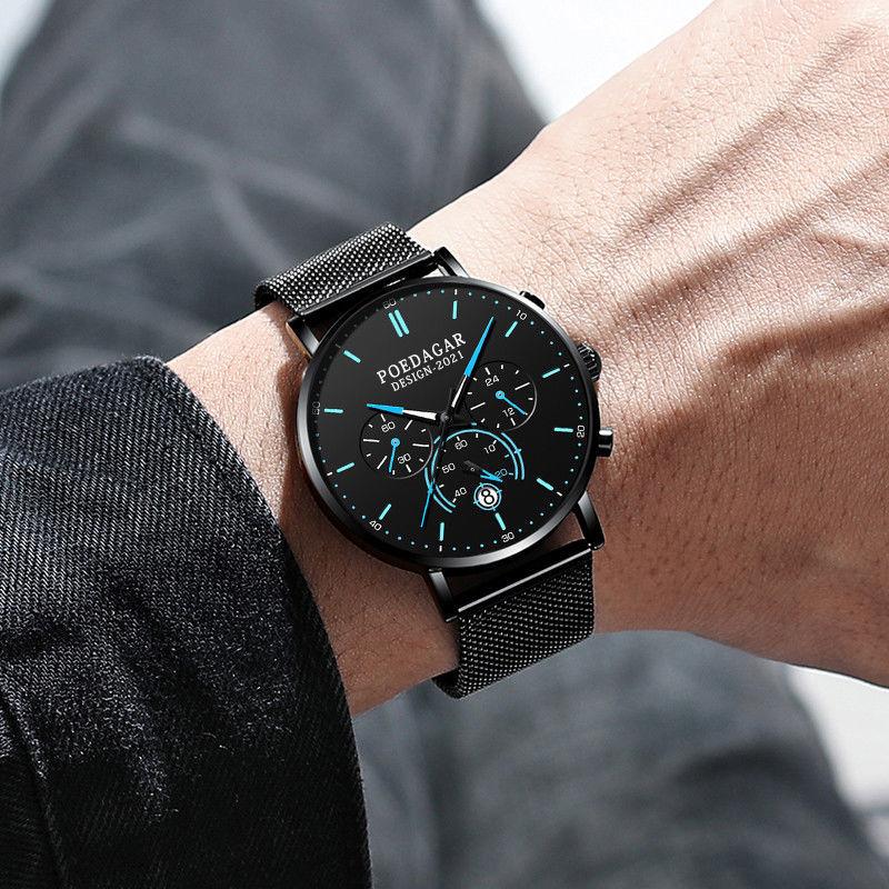 Men Watch Fashion Chronograph Slim Stainless Steel Mesh Quartz Men's Wristwatch Waterproof Luminous Date Sport Watch